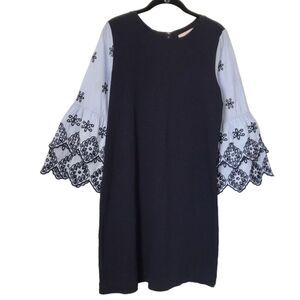 Loft Dress Womens Size S Navy Blue Embroidered Eyelet 3/4 Bell Sleeve Shift Boho